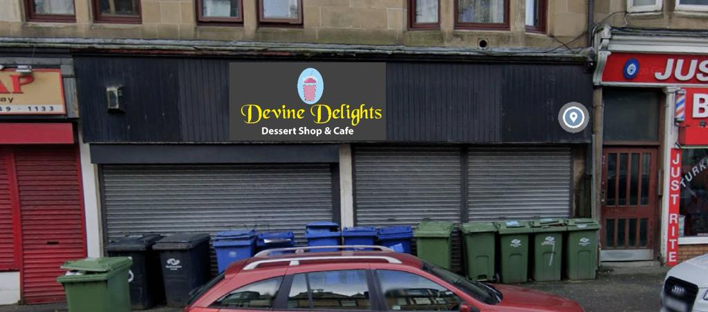 Devine Delights Signage at night in Paisley, Scotland