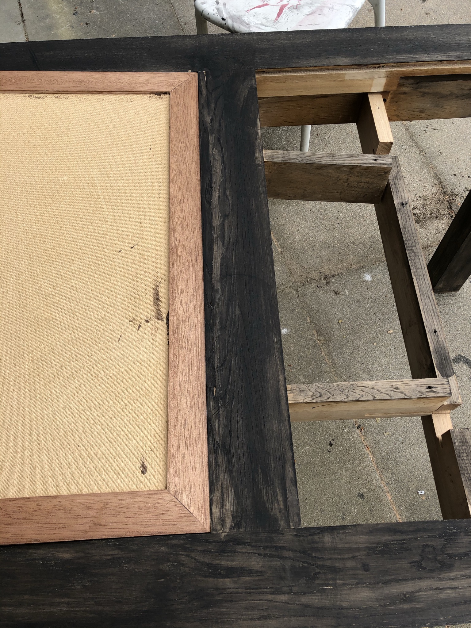 CANTI oak frame and mahogany panels post Indian ink application