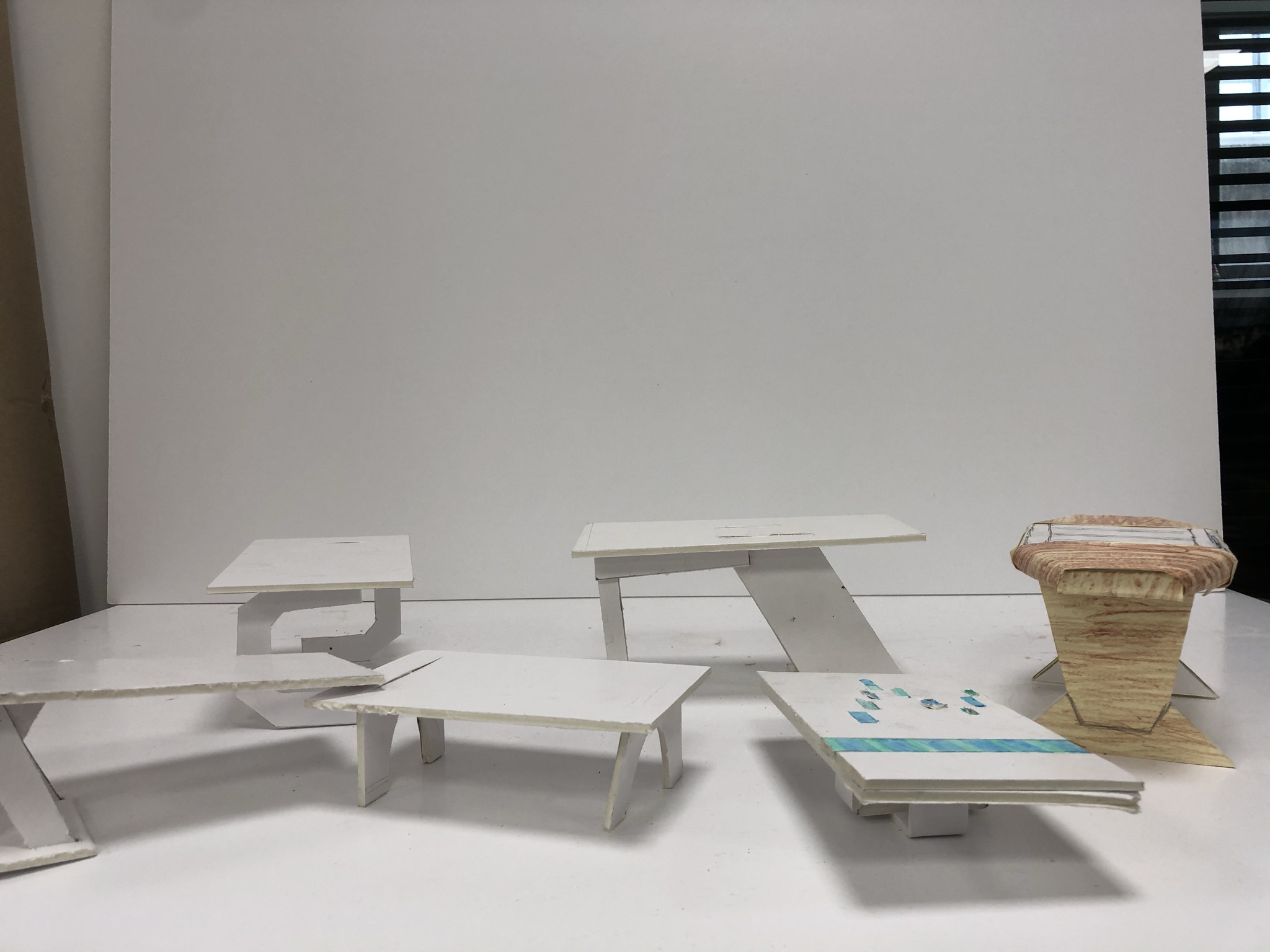 CANTI lo-fi foamboard prototype — C-form leg exploration