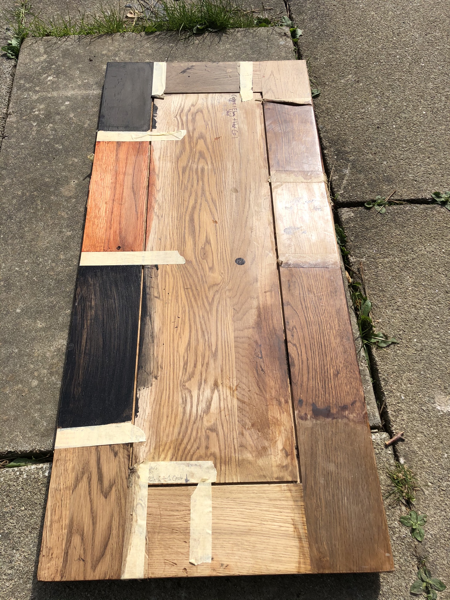 CANTI colour testing — Indian ink swatches on oak, 1 to 7 layers