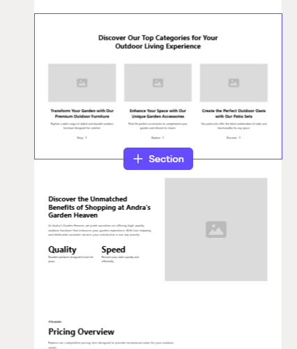 Andra's Garden Heaven — second-pass wireframe, product page detail refined