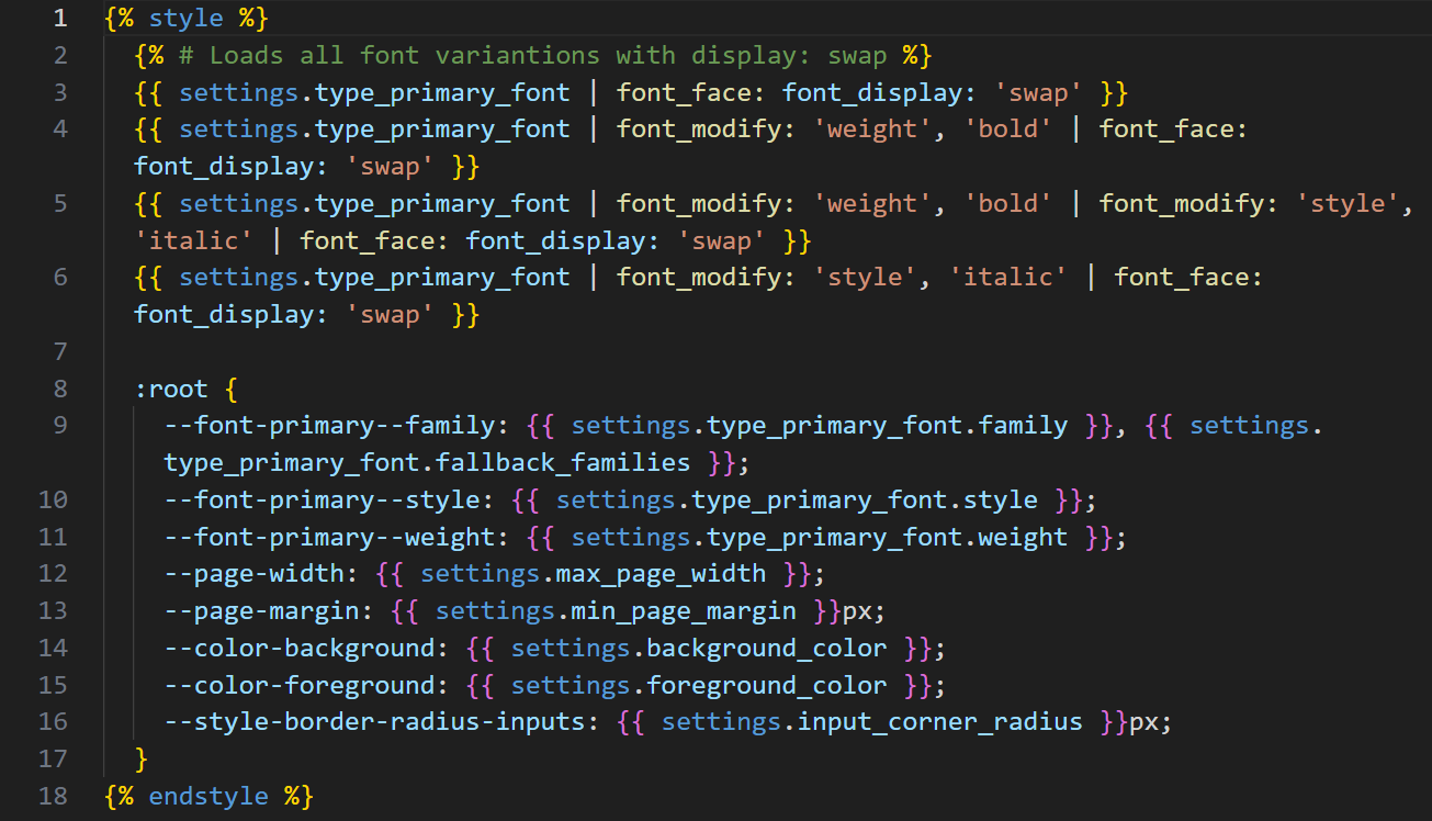 Liquid CSS variables system — design tokens implemented in code