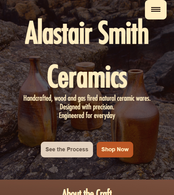 Alastair Smith Ceramics mobile hero — homepage above the fold on phone