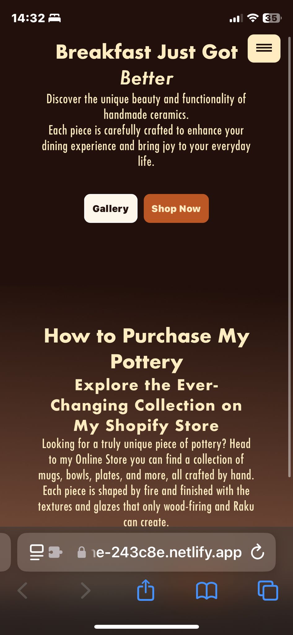 Alastair Smith Ceramics — second mobile homepage view, scroll state