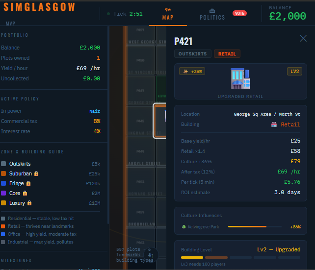 Sim Glasgow v7 — property data UX, plot stats laid out as a structured table