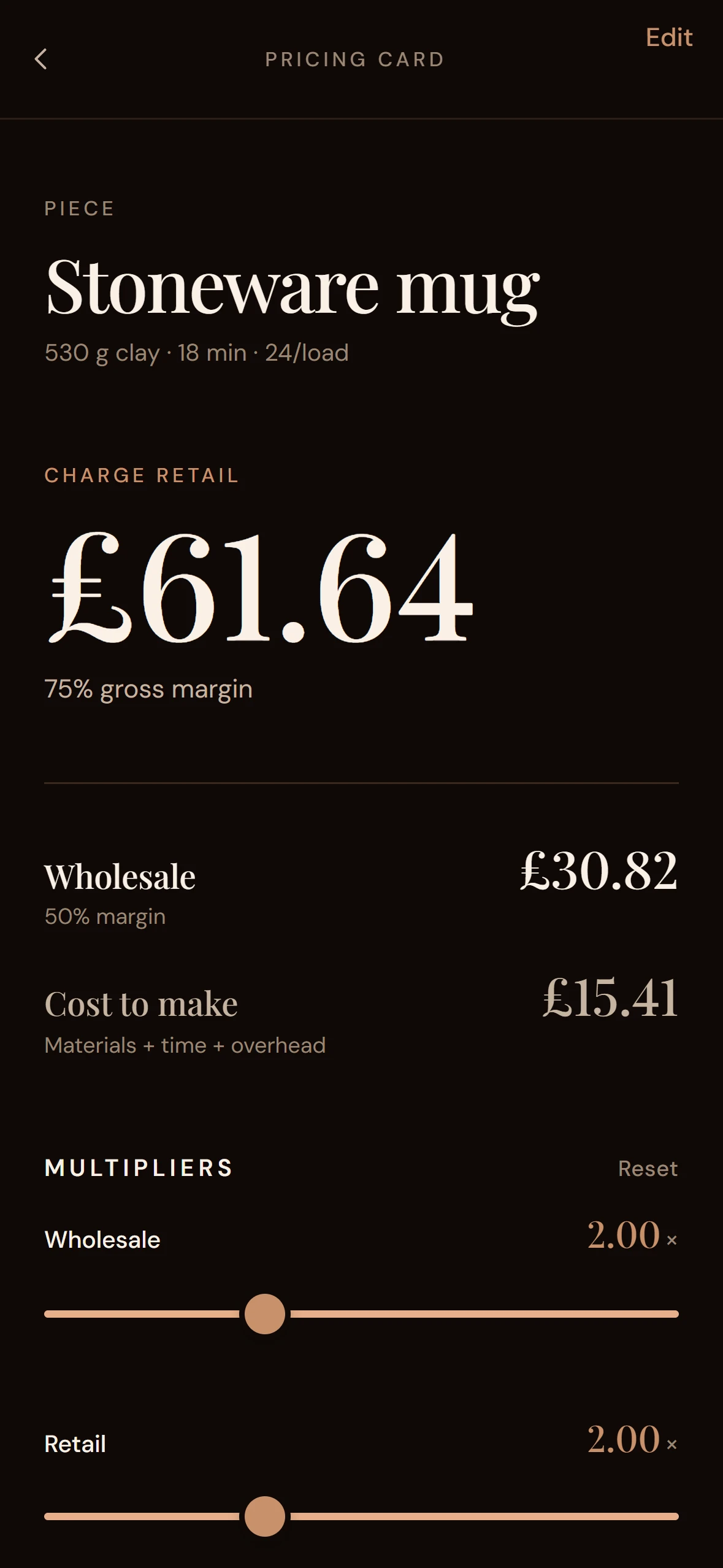 Tarebook Pricing Card in dark theme — same itemised breakdown, warm dark palette