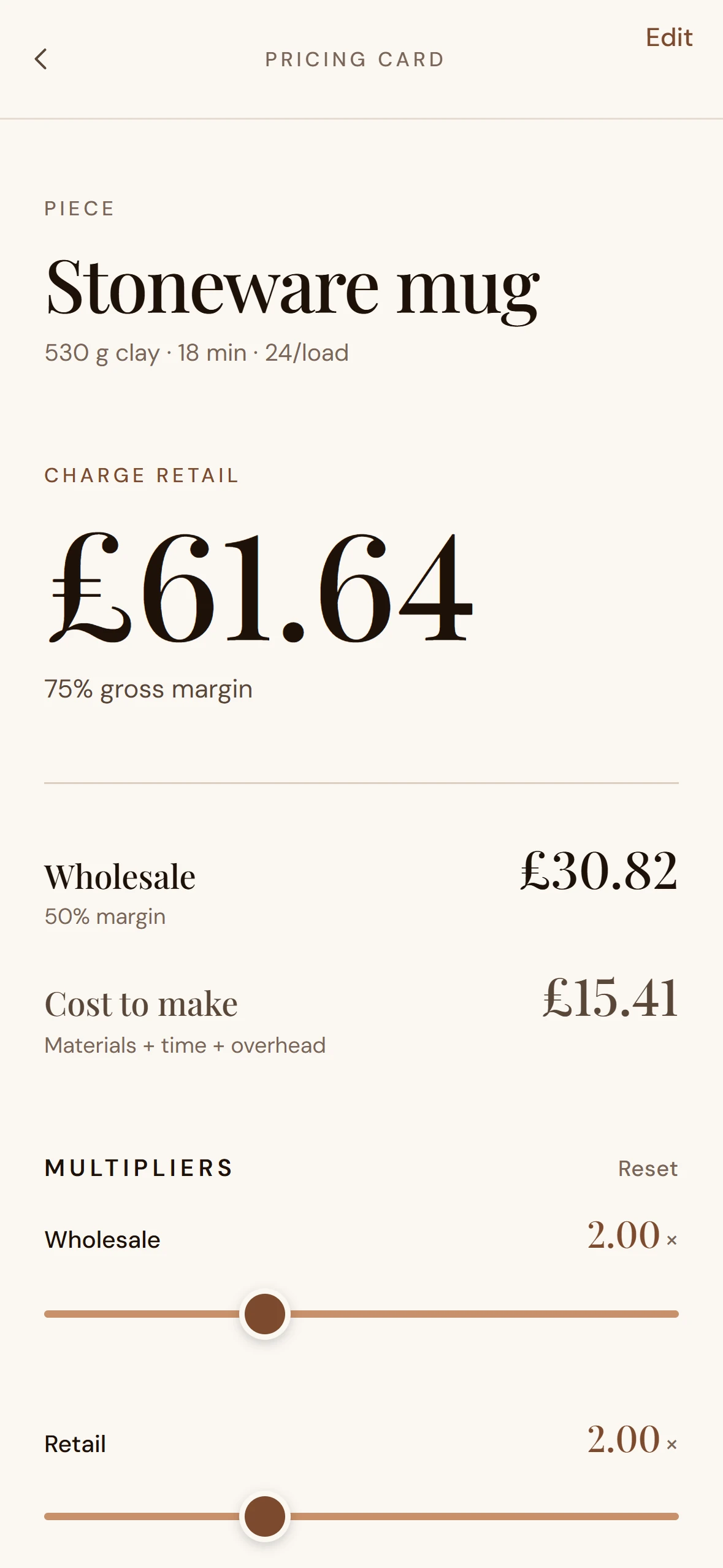 Tarebook Pricing Card screen — large £40 retail figure with itemised breakdown below