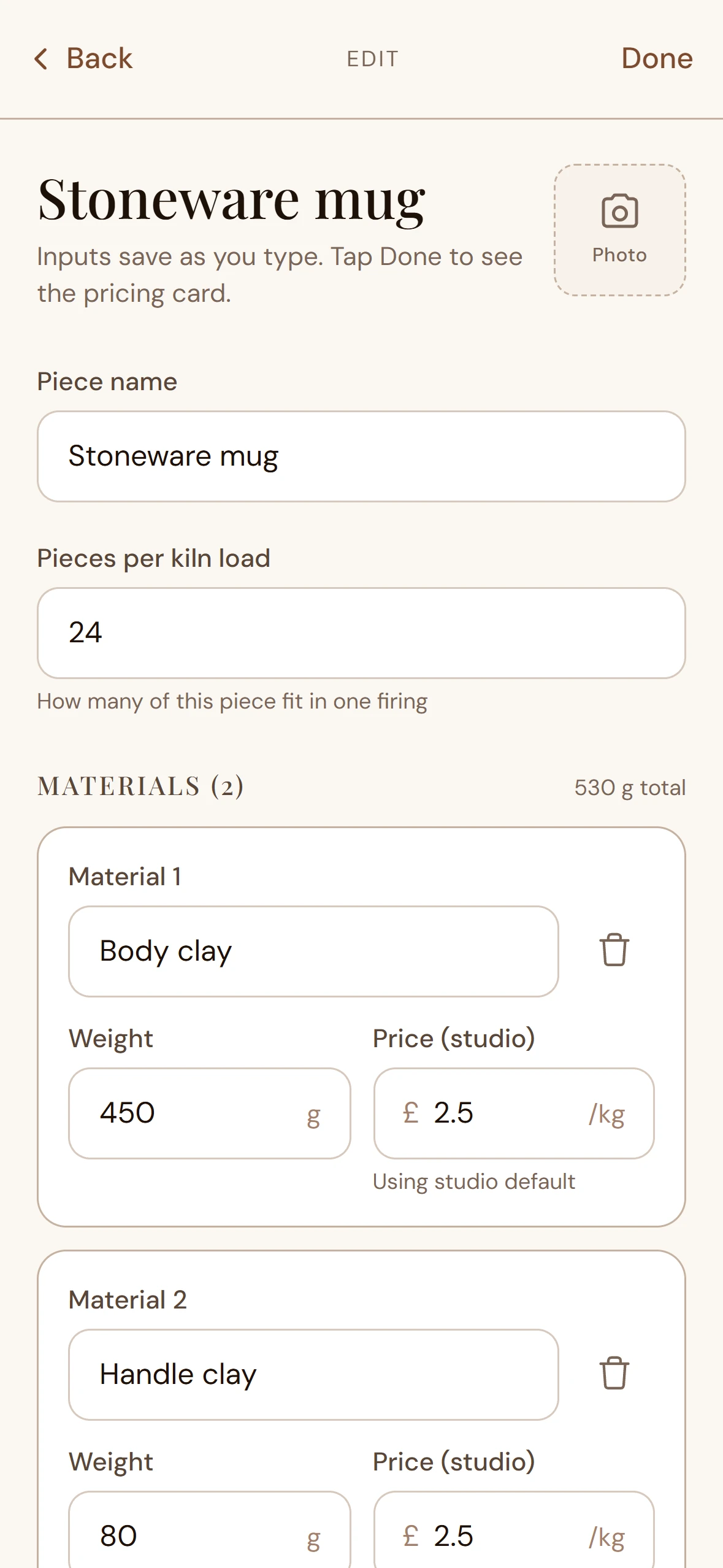 Tarebook Add Piece form — materials and time-entries arrays with per-line overrides